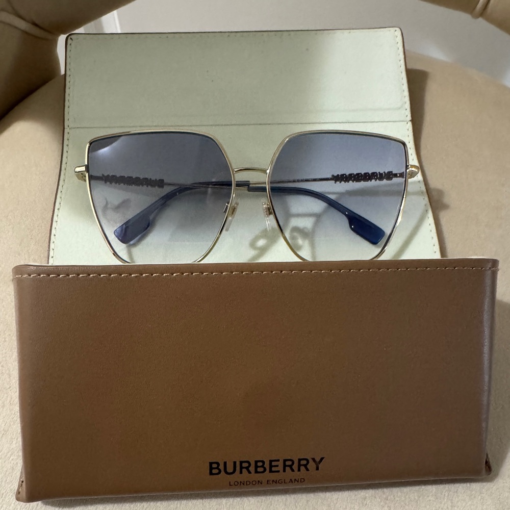 Burberry Women's Sunglasses with Gold Frame and Blue Lenses